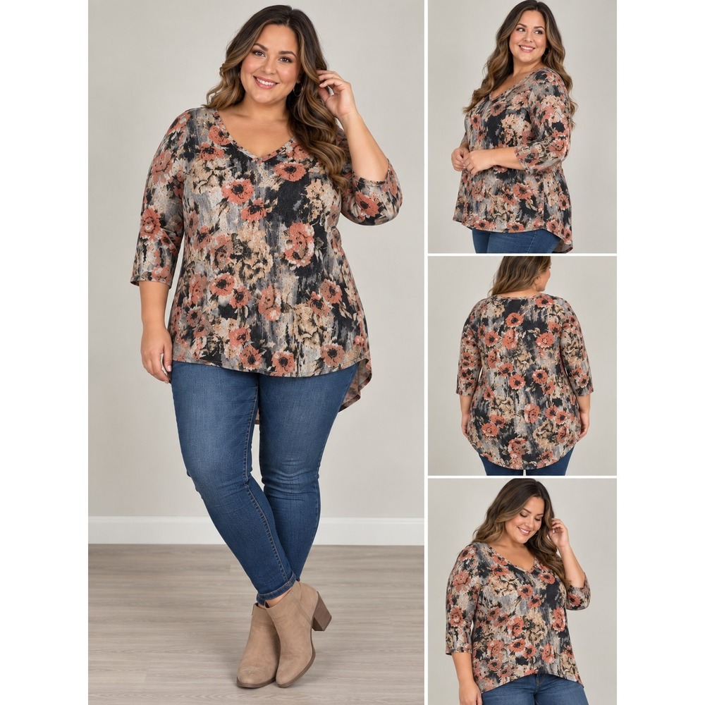 Dantelle Women's Floral Knit Pullover Top Round Neck 3/4 Sleeve 2X Rusty Gray